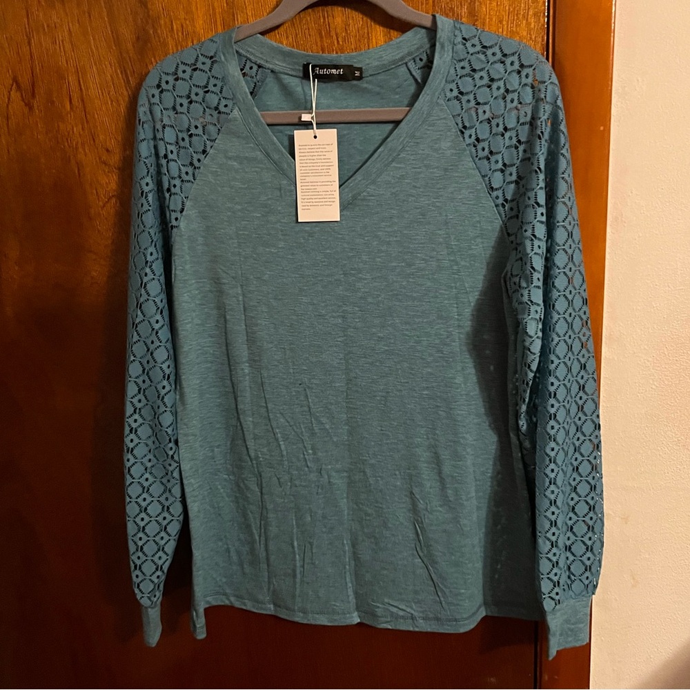 Teal Long Sleeve Top with Lace sleeves